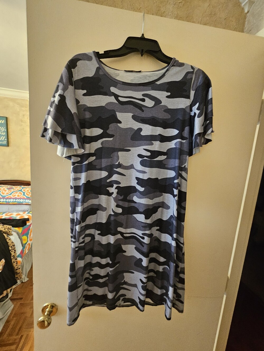 Gray & Black Camo Ruffle Sleeve Tunic Dress